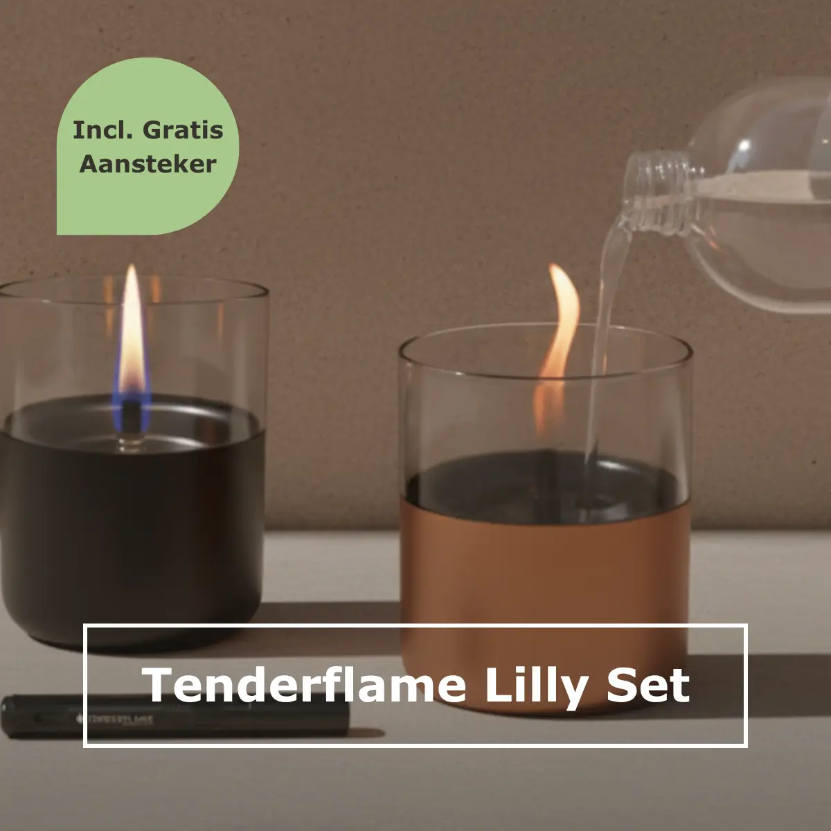 Tenderflame Lilly Zwart en Koper Giftset, nu met gratis speciale aansteker